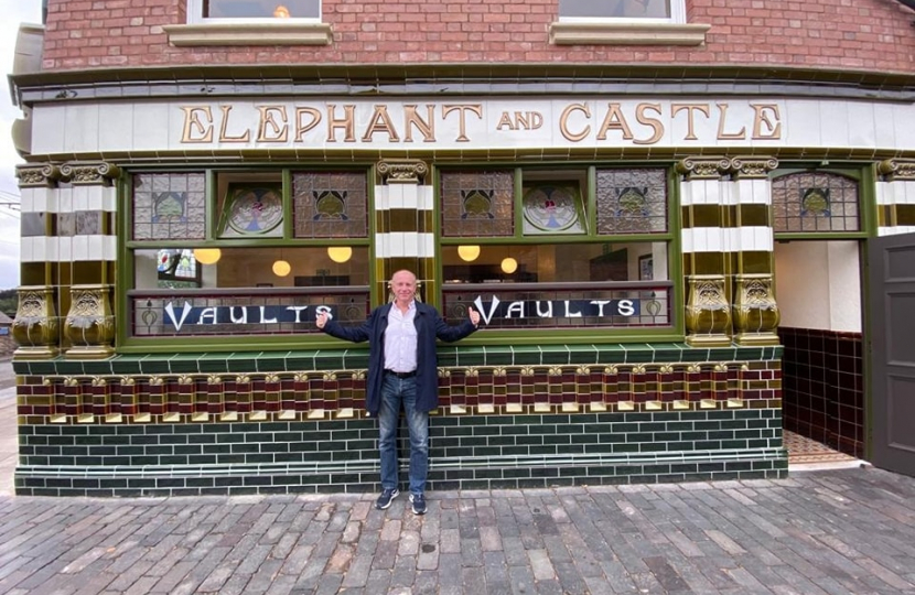 Marco Longhi MP outside the recreated Elephant & Castle pub